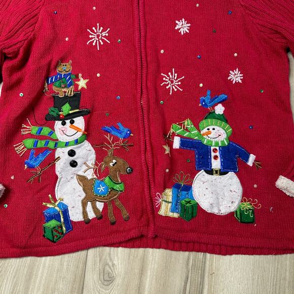 Vintage Christmas Snowman Zip Up Cardigan Sweater Red XL - Picture 2 of 6